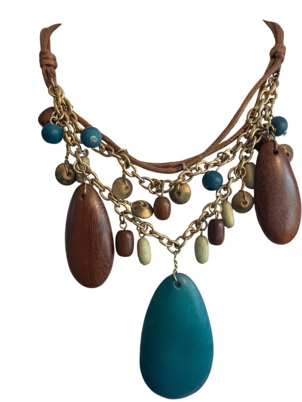 Wood Teal Boho Statement Necklace Brown Cord Gold Tone Layered Dangles Adj 21"